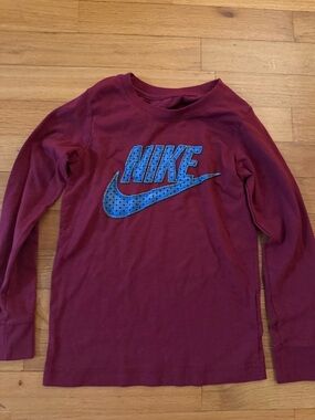 Nike Kids Long Sleeve Tee - Burgundy with Blue Logo boys 7